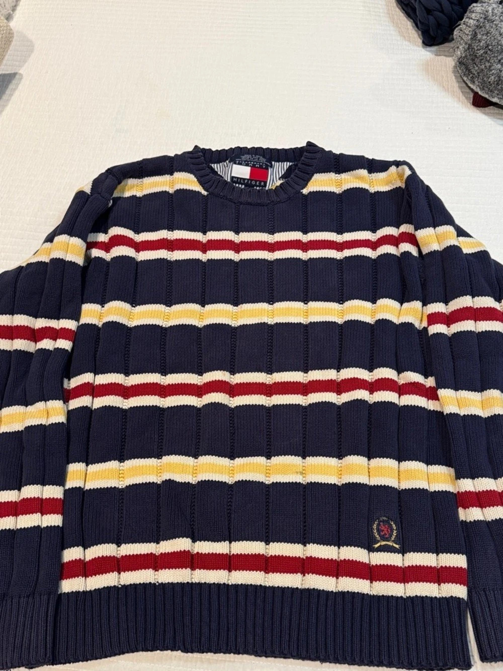 Tommy Hilfiger Vintage Striped Crest Logo Cotton Crewneck Sweater Crewneck